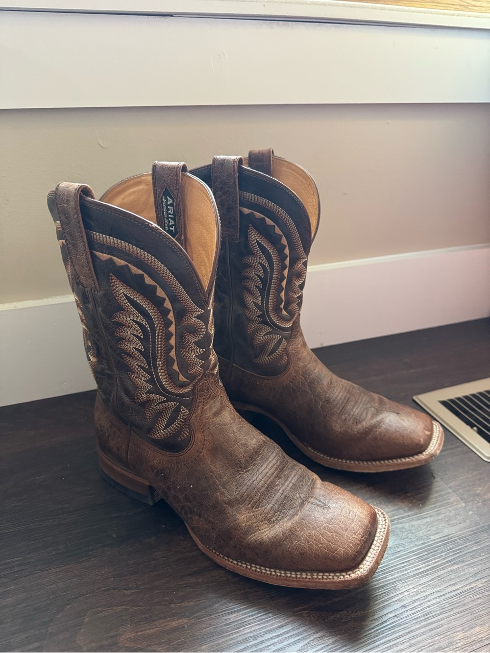 Brown Leather Square Toe Western Cowboy Boots with Embroidered Shaft